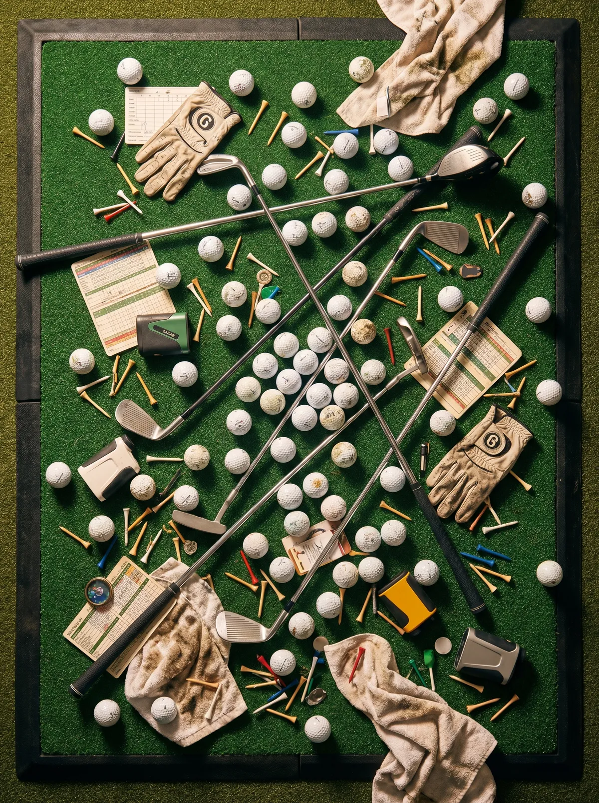 Golf simulator equipment including clubs, balls, and scoring accessories