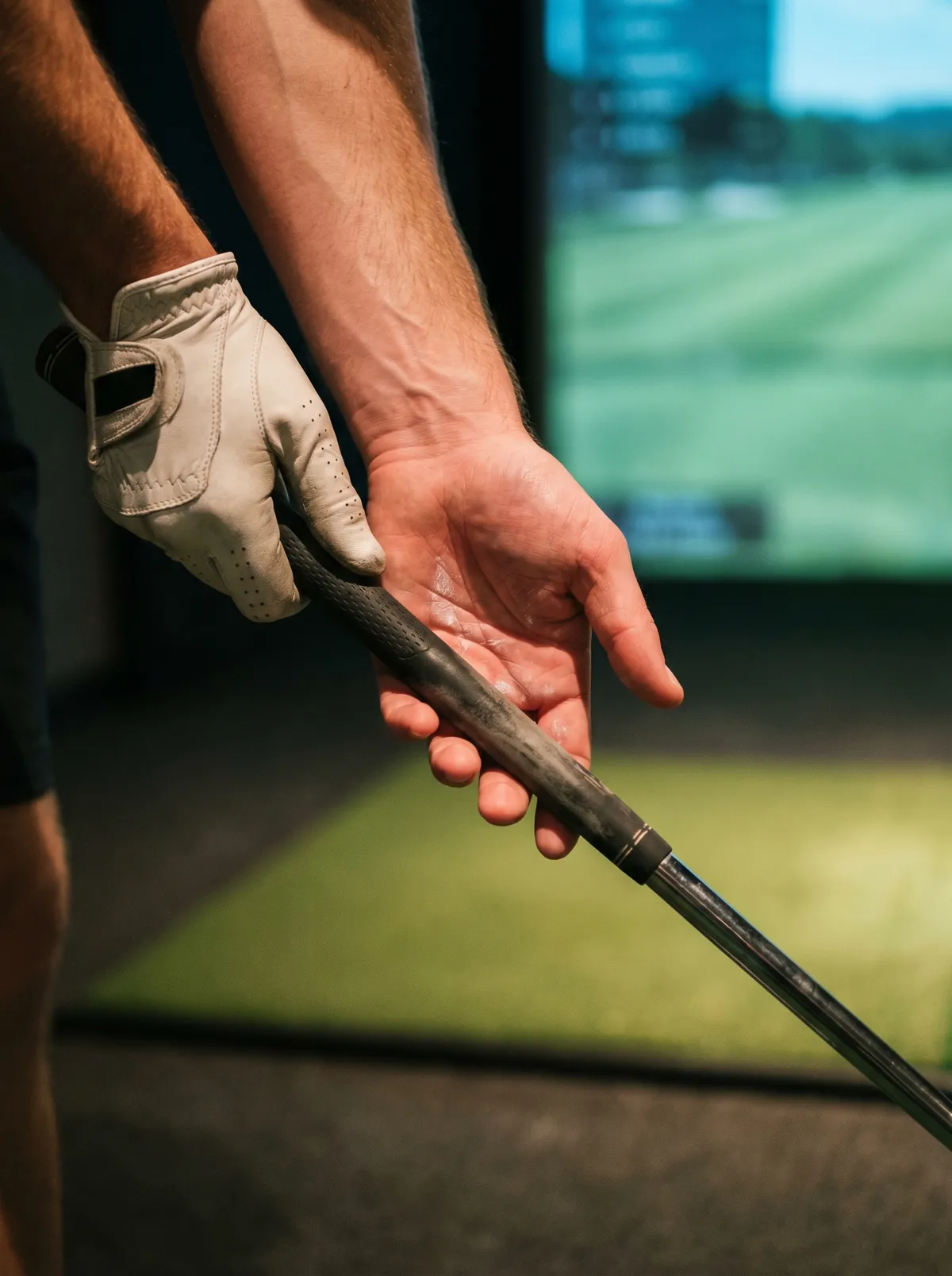 Close-up of golfer gripping a club inside a golf simulator bay
