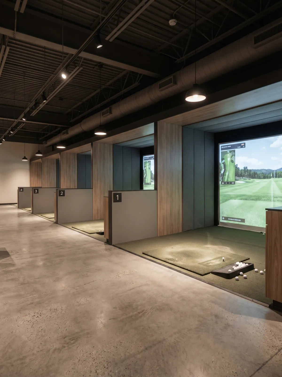 Commercial indoor golf facility with four numbered simulator bays