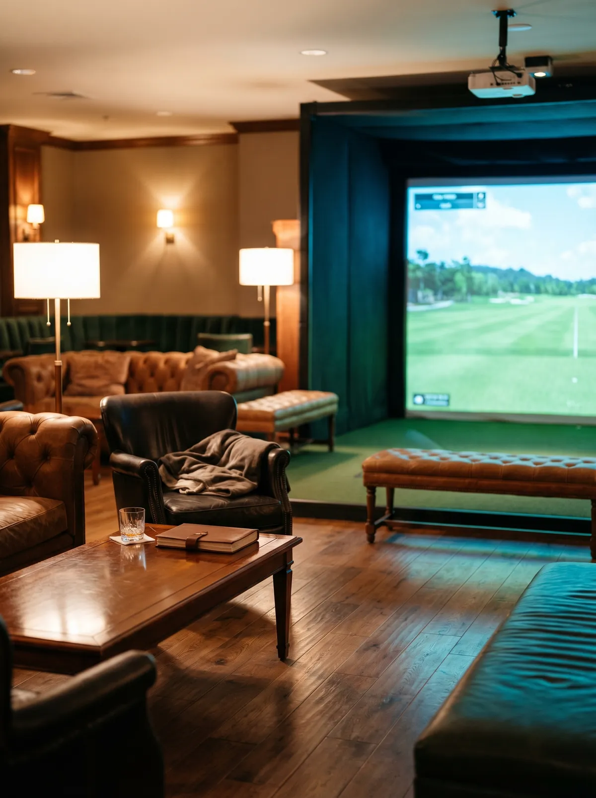Premium indoor golf entertainment lounge with leather seating and simulator bay