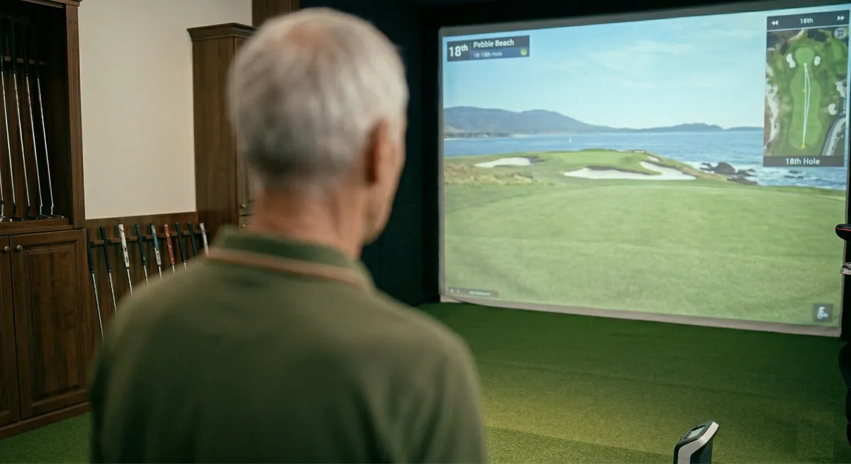 Golfer viewing a virtual course on an indoor golf simulator screen