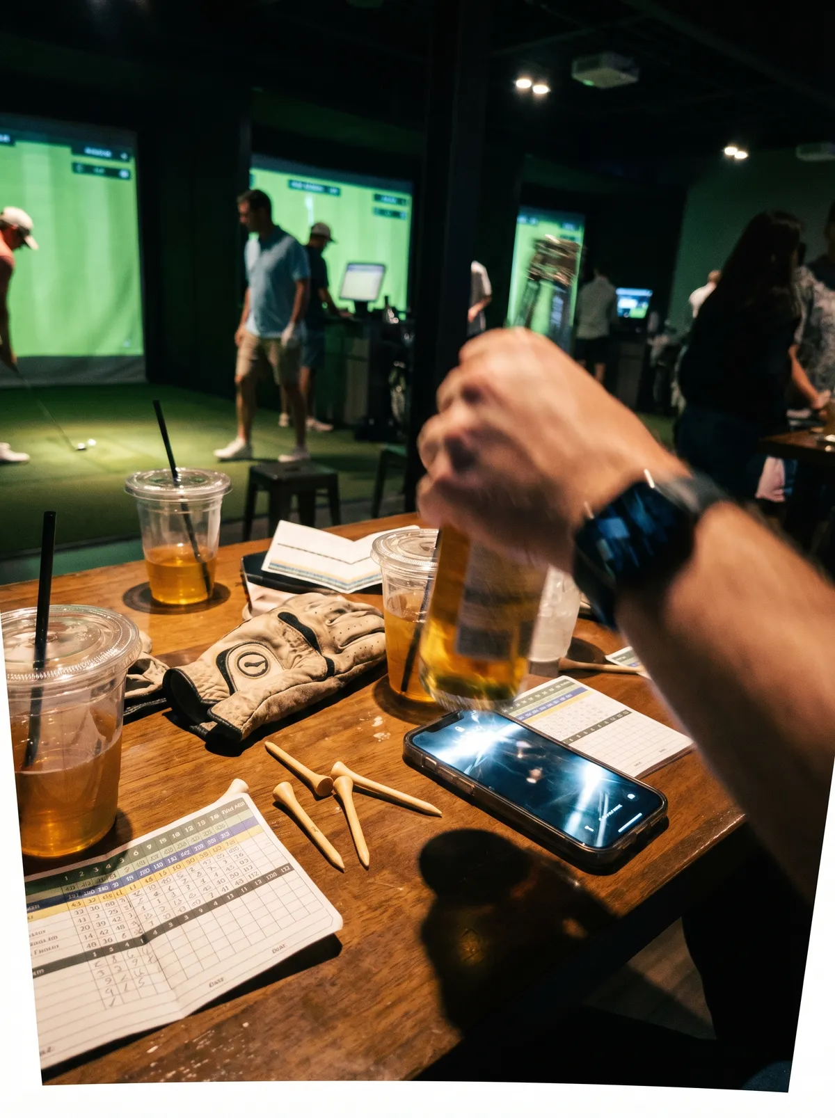 Customers enjoying the social experience at an indoor golf simulator facility