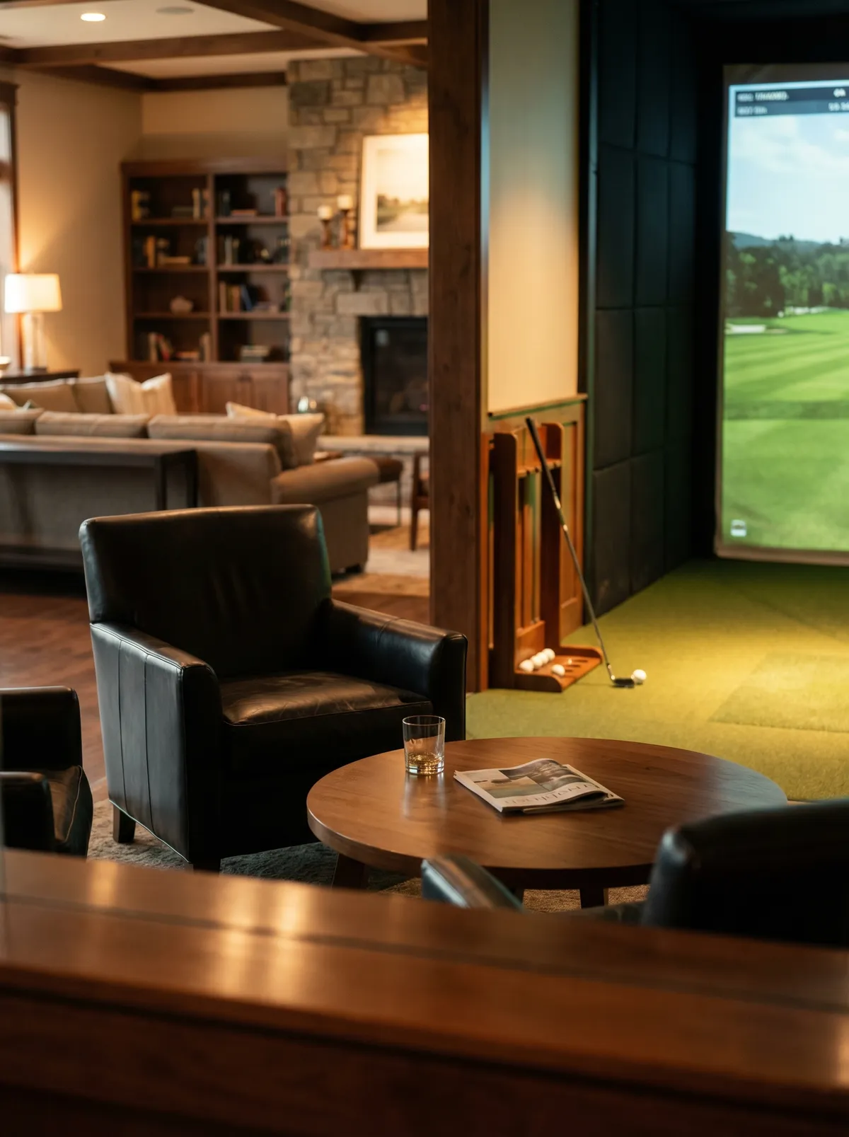 Premium indoor golf venue with leather seating, lounge area, and simulator bay
