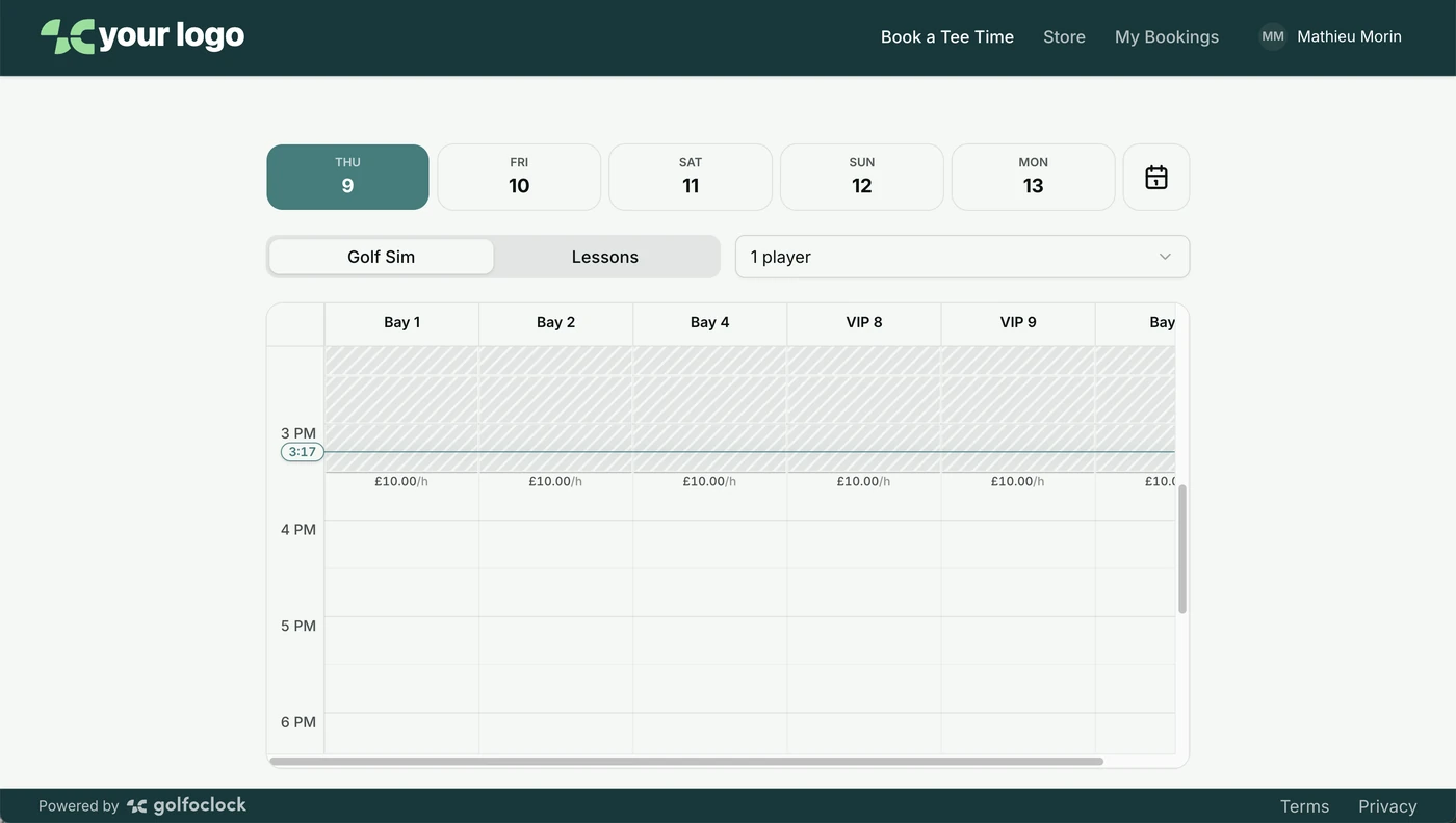 Golf O'Clock white-labeled booking widget with custom branding
